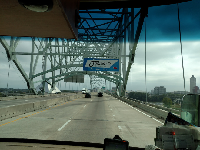 Over the Mississippi River into Memphis, Tennessee.